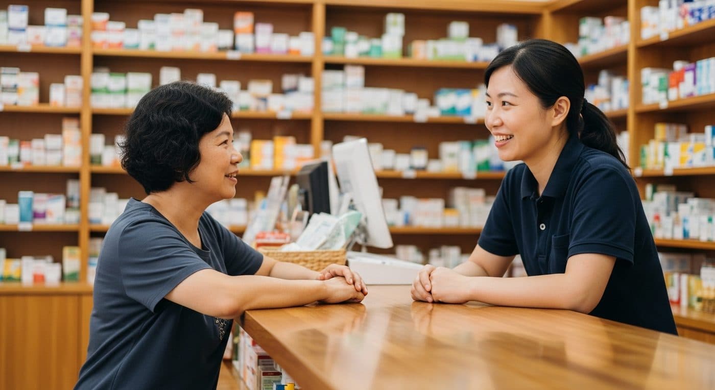 社區藥局櫃檯,藥師與民眾面對面諮詢